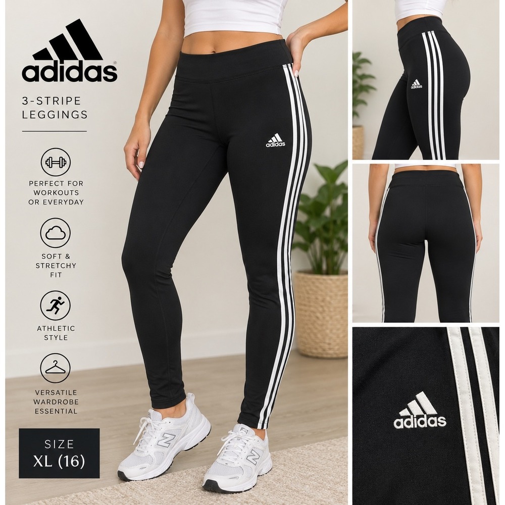 Adidas Womens 3-Stripe Leggings Black White Athletic Pants XL 16